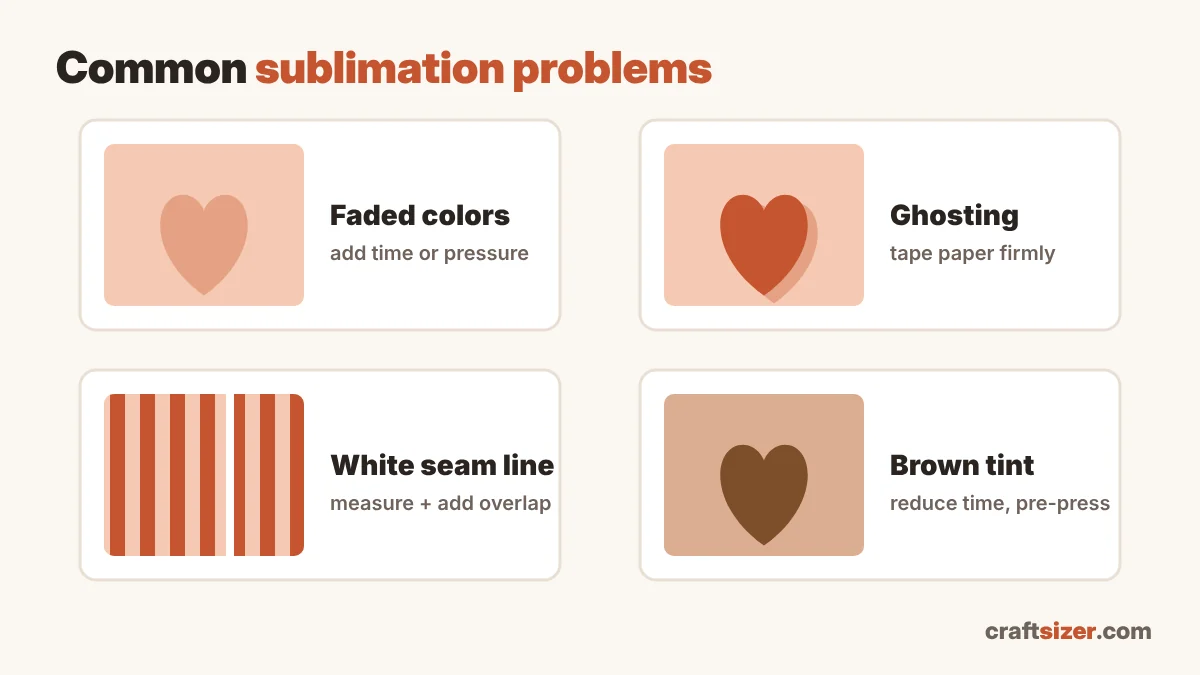 Common sublimation problems: faded colors, ghosting, white seam line on a tumbler, and brown tint