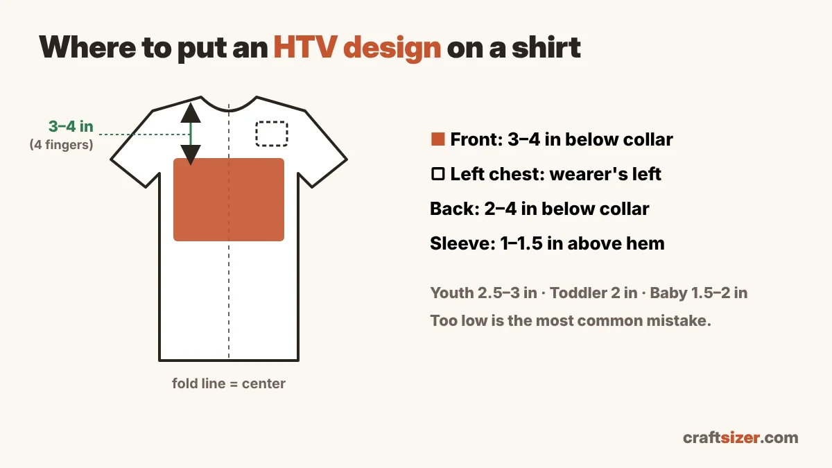 HTV placement guide: front design 3 to 4 inches below the collar, left chest on the wearer's left, back and sleeve placement on a shirt